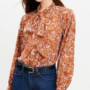 New.LOFT Orange Tie Front Blouse with Mandarin Collar.is xs.y can be S,M